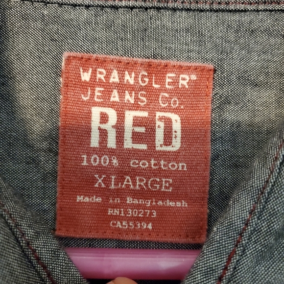 Mens Wrangler Red Button Down Long Sleeve Shirt Sz XL - Picture 3 of 5